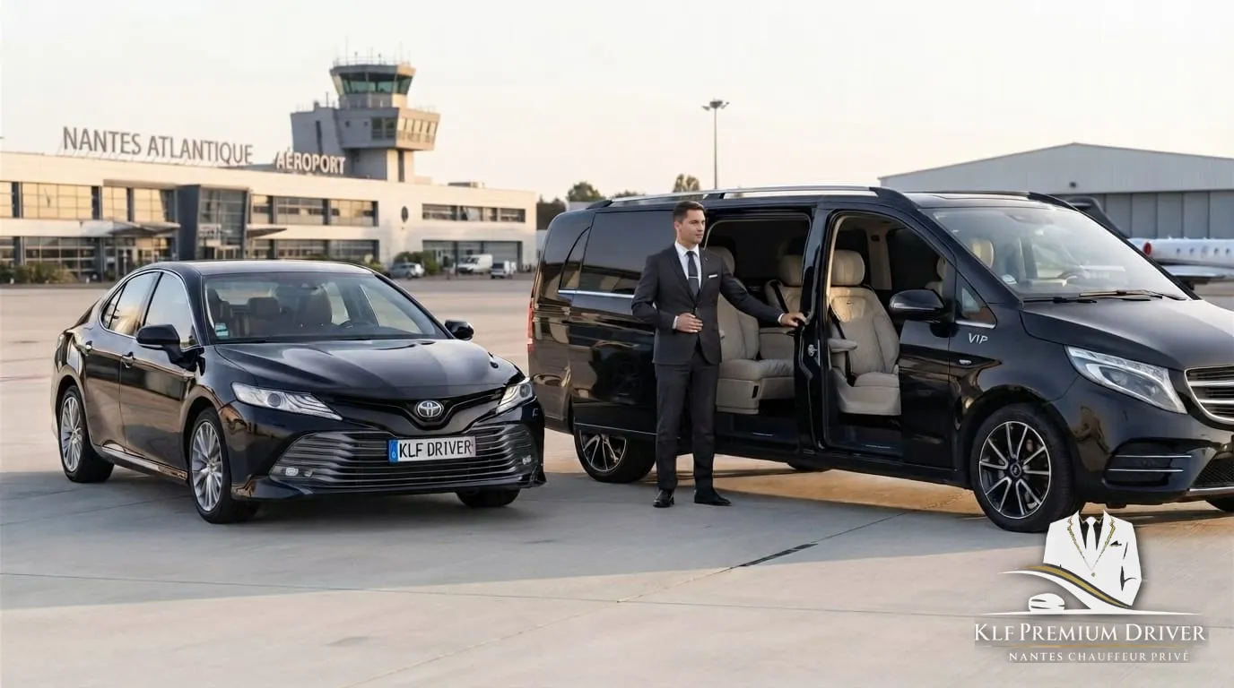 Berline et van KLF Premium Driver devant l'aéroport Nantes-Atlantique